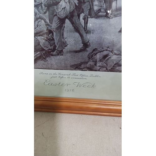 437 - Framed print depicting the General Post Office, Dublin during Easter Week, 1916. Historical scene wi... 