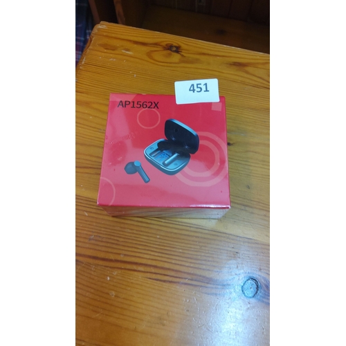 451 - Boxed wireless earphones, model AP1562X. Brand packaging, unopened and sealed.