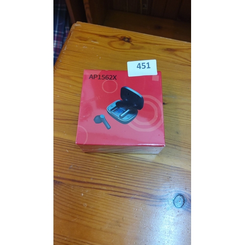451 - Boxed wireless earphones, model AP1562X. Brand packaging, unopened and sealed.