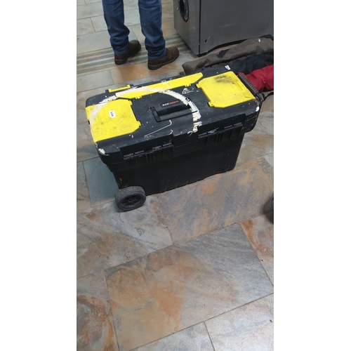 466 - Heavy-duty rolling tool chest has durable yellow and black plastic construction. It features a centr... 