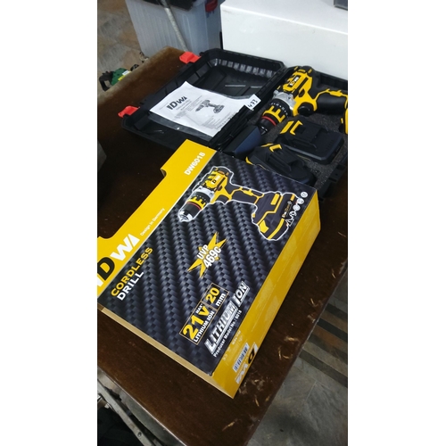 473 - New Cordless Drill IDWA DW6018, 21V Lithium-Ion. Complete with carry case and manual.