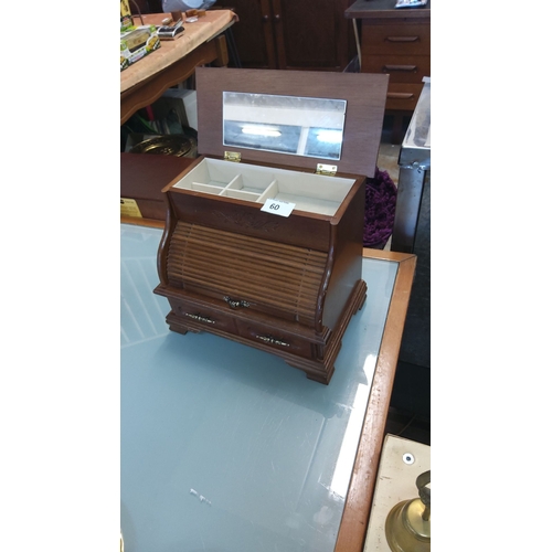 60 - Wooden roll-top jewelry box with mirrored lid and multiple compartments features two small drawers w... 