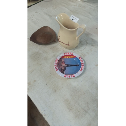 10 - Ceramic Benromach jug, souvenir Blackpool Tower ashtray, and a small copper ashtray.