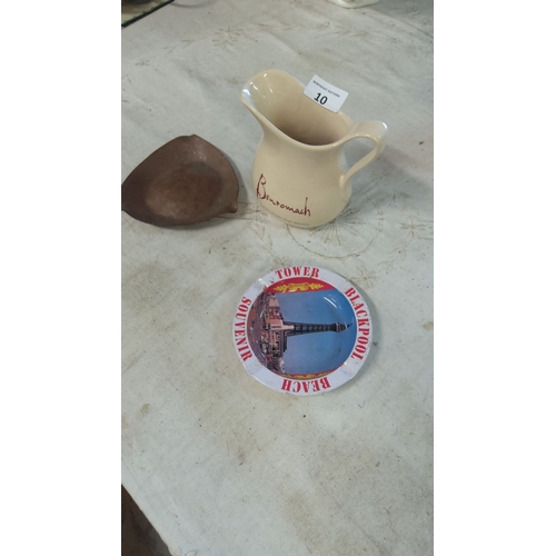 10 - Ceramic Benromach jug, souvenir Blackpool Tower ashtray, and a small copper ashtray.