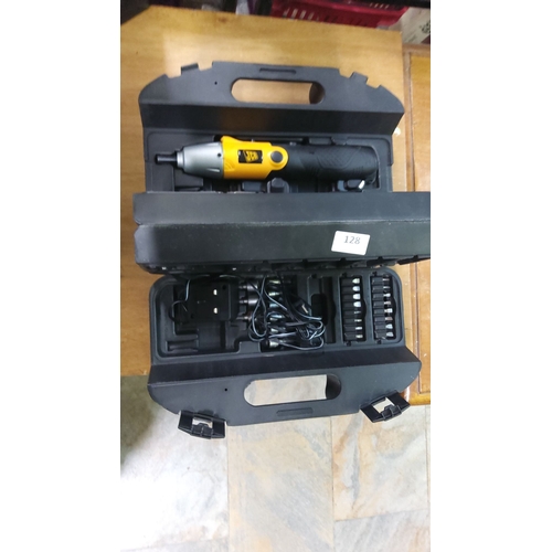 128 - Electric screwdriver set, housed in a sturdy black case, includes multiple bit attachments and charg... 