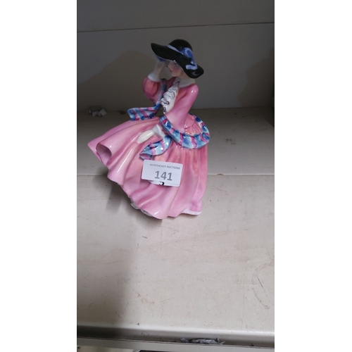 141 - Royal Doulton Top o the hill Porcelain figurine of a lady in a pink dress with a black hat and blue ... 