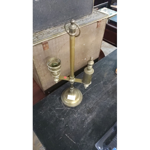 155 - Antique brass counterbalance candleholder featuring adjustable arms and elegant turned finials. Fren... 