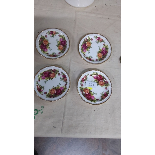 171 - Set of four Old Country Rose pin dishes adorned with vibrant floral patterns and gold trim.