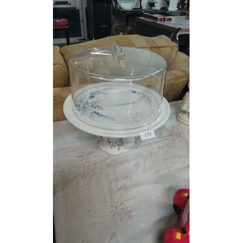 172 - Cake stand with glass dome lid, featuring painted botanical design.