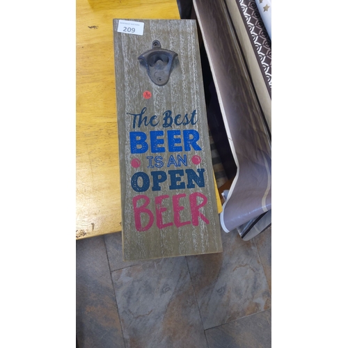 209 - Rustic wood wall-mounted bottle opener with 