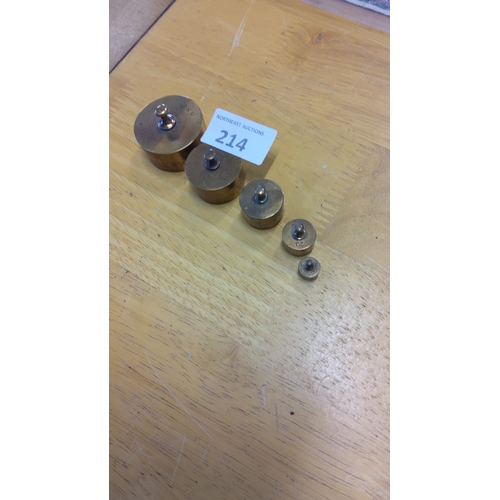 214 - Set of vintage brass calibration weights, ranging from 100g to 5g.