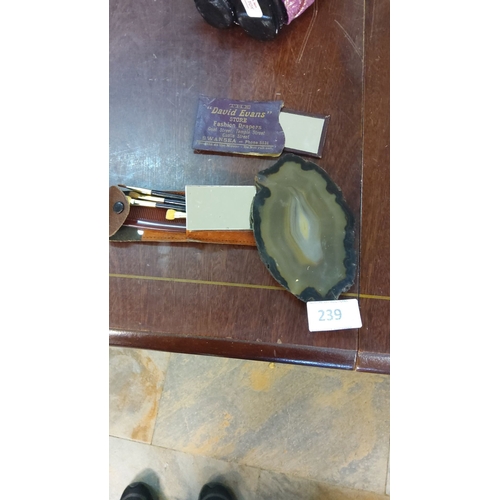 239 - Vintage agate slice,mirror with leather case & including combs and brushes.