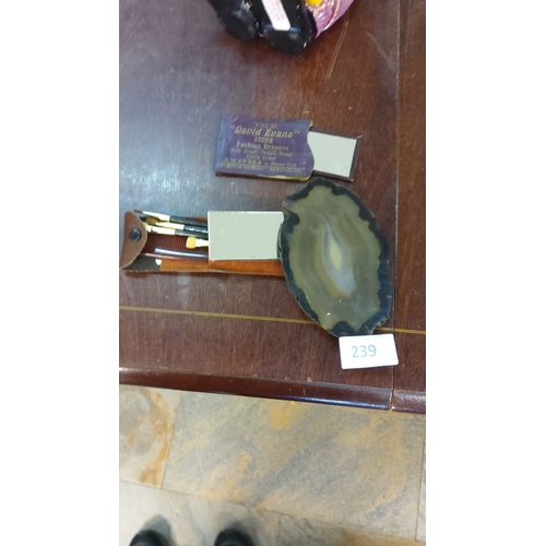 239 - Vintage agate slice,mirror with leather case & including combs and brushes.