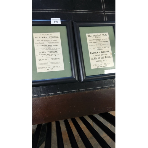 272 - Pair of framed prints of early 20th-century Irish advertisements from Navan, featured in classic bla... 