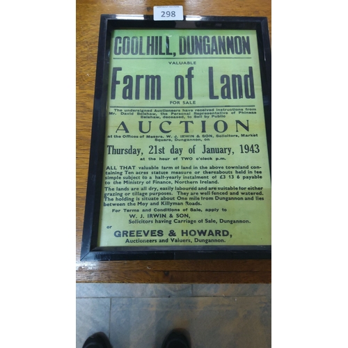 298 - Framed 1943 auction poster for a farm in Coolhill, Dungannon, Northern Ireland, by W.J. Irwin & Son,... 