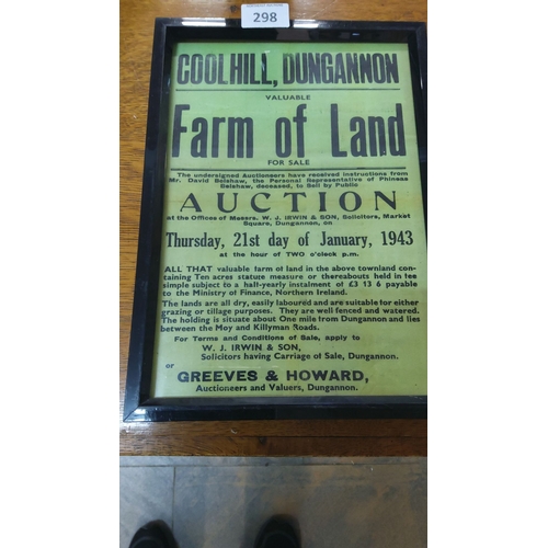 298 - Framed 1943 auction poster for a farm in Coolhill, Dungannon, Northern Ireland, by W.J. Irwin & Son,... 