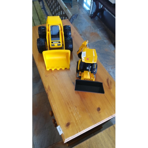 318 - Two Caterpillar toy construction vehicles, consisting of a yellow dump truck and backhoe loader, mad... 