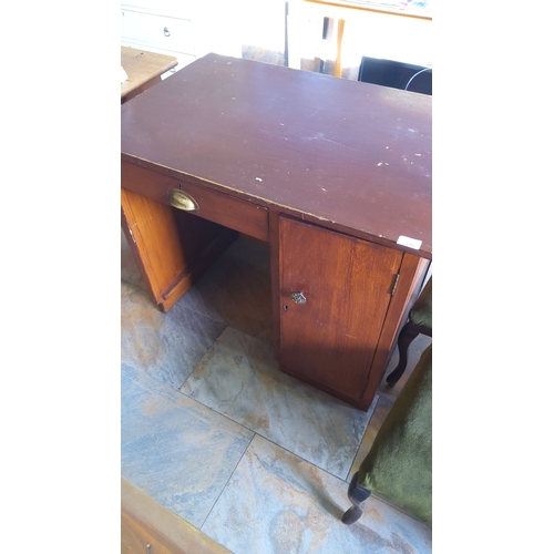 336 - Vintage Wooden desk featuring a single drawer and cabinet. Simple design.