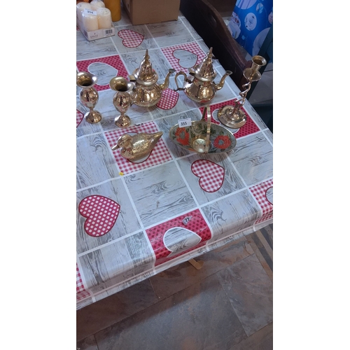 355 - Brass tea set with accompanying pieces, including candlesticks, decorative duck, and painted bowl. E... 