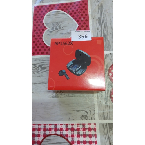 356 - Wireless earbuds model AP1562X come with a charging case. The item is boxed.