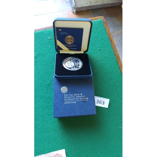 363 - Silver proof 15 euro coin, commemorating 125 years of the GAA, boxed with authenticity certificate.