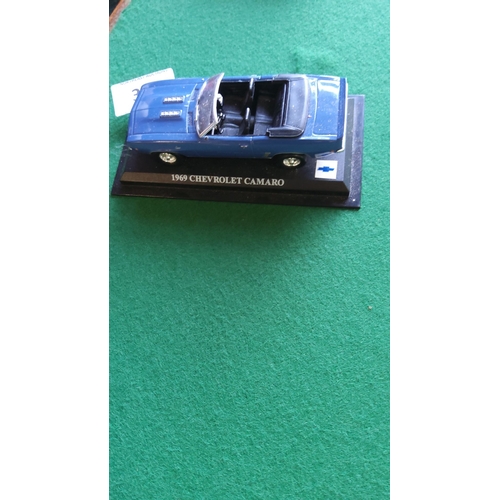 367 - 1969 Chevrolet Camaro die-cast model, blue finish, displayed on a branded base.