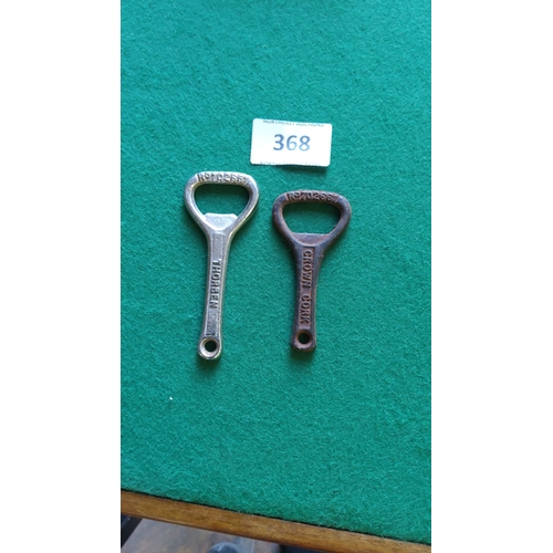 368 - Pair of vintage Thorben and Crown Cork bottle openers, metal construction with embossed branding.