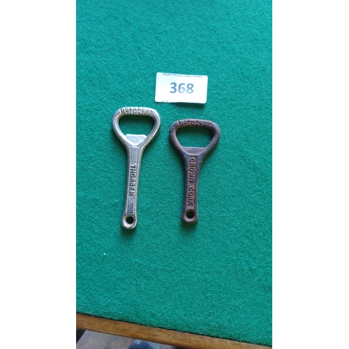 368 - Pair of vintage Thorben and Crown Cork bottle openers, metal construction with embossed branding.