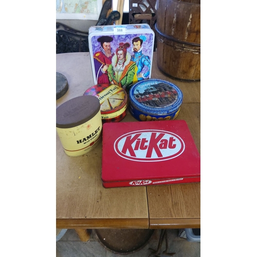 388 - Mixed lot of vintage collectible tins, featuring KitKat, Hamlet Cigars, Ducal Tail, Danish Butter Co... 