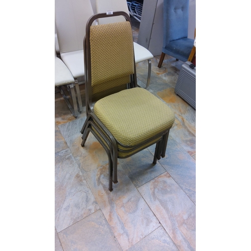 393 - Set of 3 stackable chairs with metal frames and patterned upholstery.