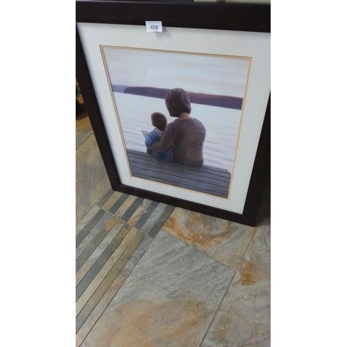 418 - Framed print depicting a Mother & Son scene, signed by artist J. Wiens.