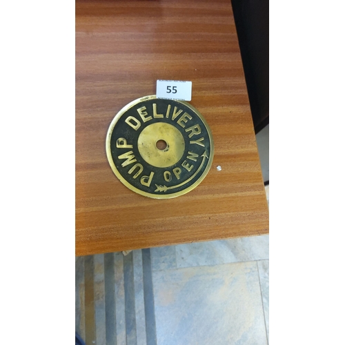 55 - Brass pump delivery plate with embossed text 