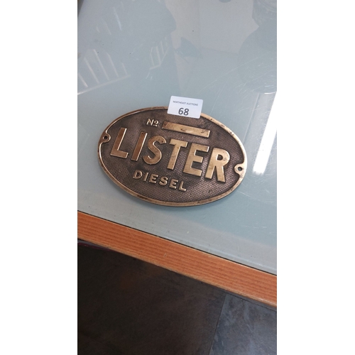 68 - Vintage Lister Diesel engine brass plate, oval, with embossed lettering.