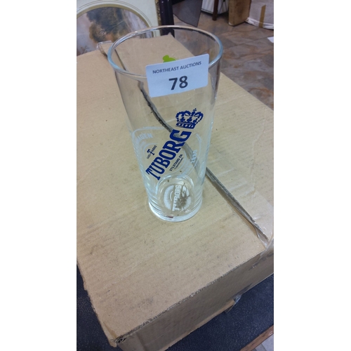 78 - Tuborg branded pint glasses x 24  featuring blue crown emblem. Clear glass.