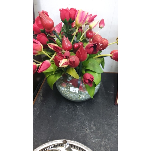 81 - Large bowl of artificial flowers with crystal bead base