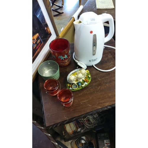 186 - Russell Hobbs white electric kettle, assorted colorful glassware, and Regency Fine Arts Westies