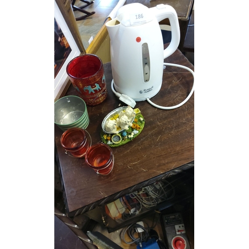 186 - Russell Hobbs white electric kettle, assorted colorful glassware, and Regency Fine Arts Westies