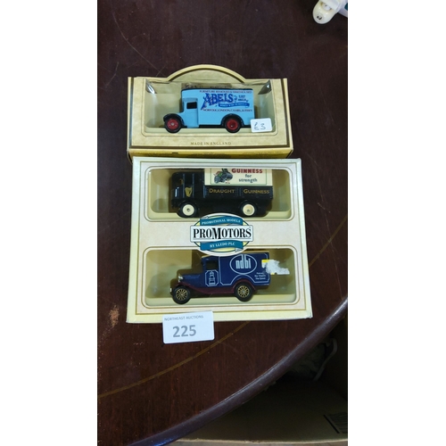 225 - Set of three vintage Lledo diecast model trucks featuring Abel's, Guinness, and NDBI promotional des... 