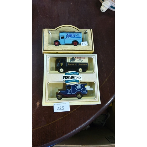 225 - Set of three vintage Lledo diecast model trucks featuring Abel's, Guinness, and NDBI promotional des... 