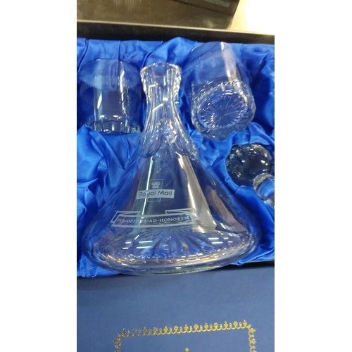 228 - The Royal Mail Commission crystal decanter set in original presentation box, featuring engraved deta... 