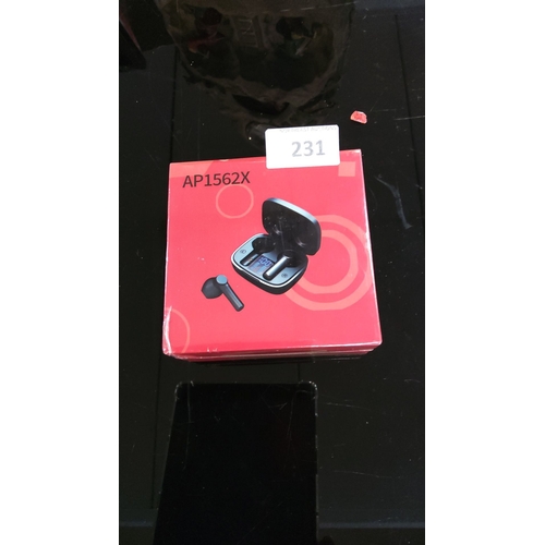 231 - Boxed AP1562X wireless earbuds with charging case, featured in vibrant red packaging.