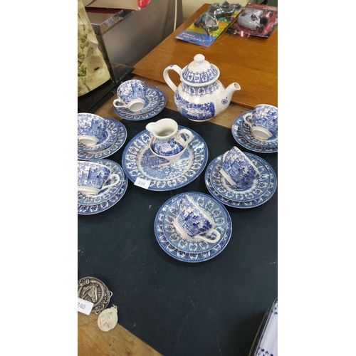 234 - Bone tea set byBroadhurst Staffordshire, England. Blue and white transferware with historic scenes a... 