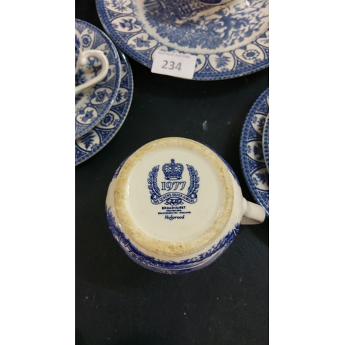 234 - Bone tea set byBroadhurst Staffordshire, England. Blue and white transferware with historic scenes a... 