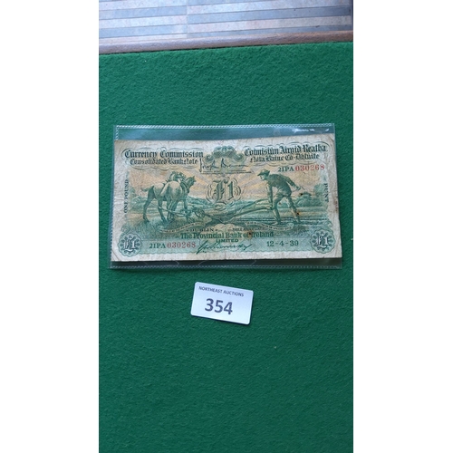 354 - Irish ploughmans banknote, 1939. Provincial Bank of Ireland £1 note. Features Celtic design and Dubl... 