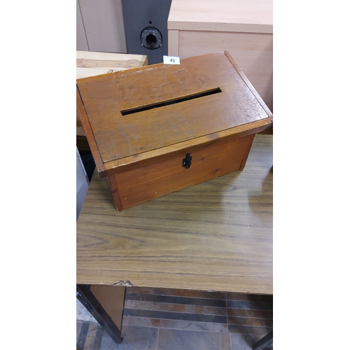 41 - Vintage wooden ballot box with slot and latch closure, constructed from pine and featuring a rustic ... 