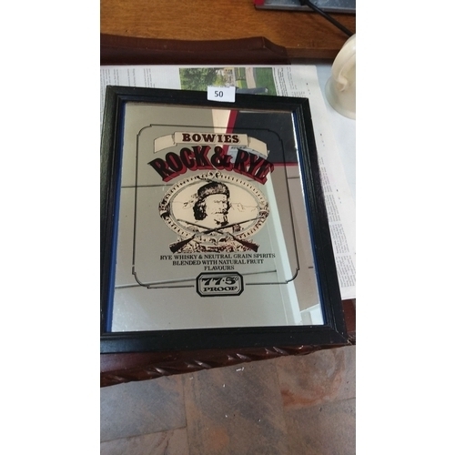 50 - Vintage Bowies Rock & Rye mirrored sign, featuring classic rye whiskey branding, in a black wooden f... 