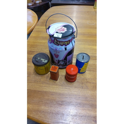 11 - Mixed lot of vintage tins: Chupa Chups lollipop tin, tea and medical bandage tins, and charity money... 