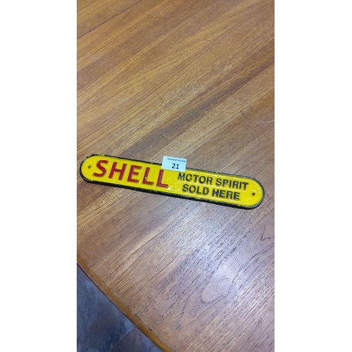 21 - Vintage Shell Motor Spirit cast iron sign, vibrant yellow and red.