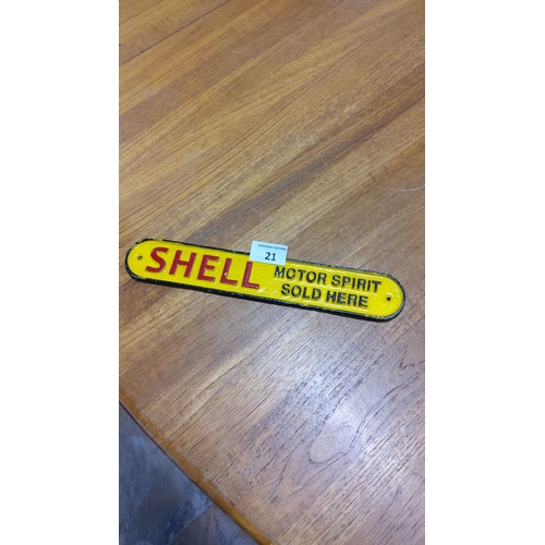 21 - Vintage Shell Motor Spirit cast iron sign, vibrant yellow and red.