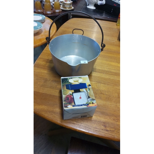 26 - Large vintage aluminum preserve pot with sturdy handle, paired with a boxed kitchen scale with a cap... 